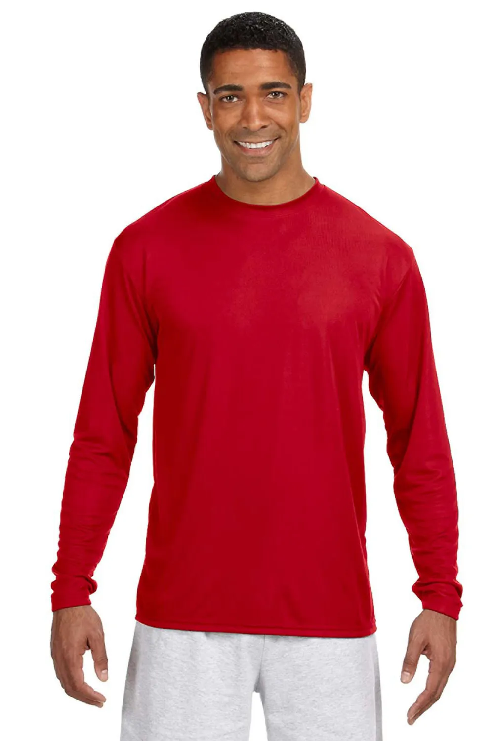 A4 Mens Performance Moisture Wicking Long Sleeve Crewneck T-Shirt - Scarlet Red