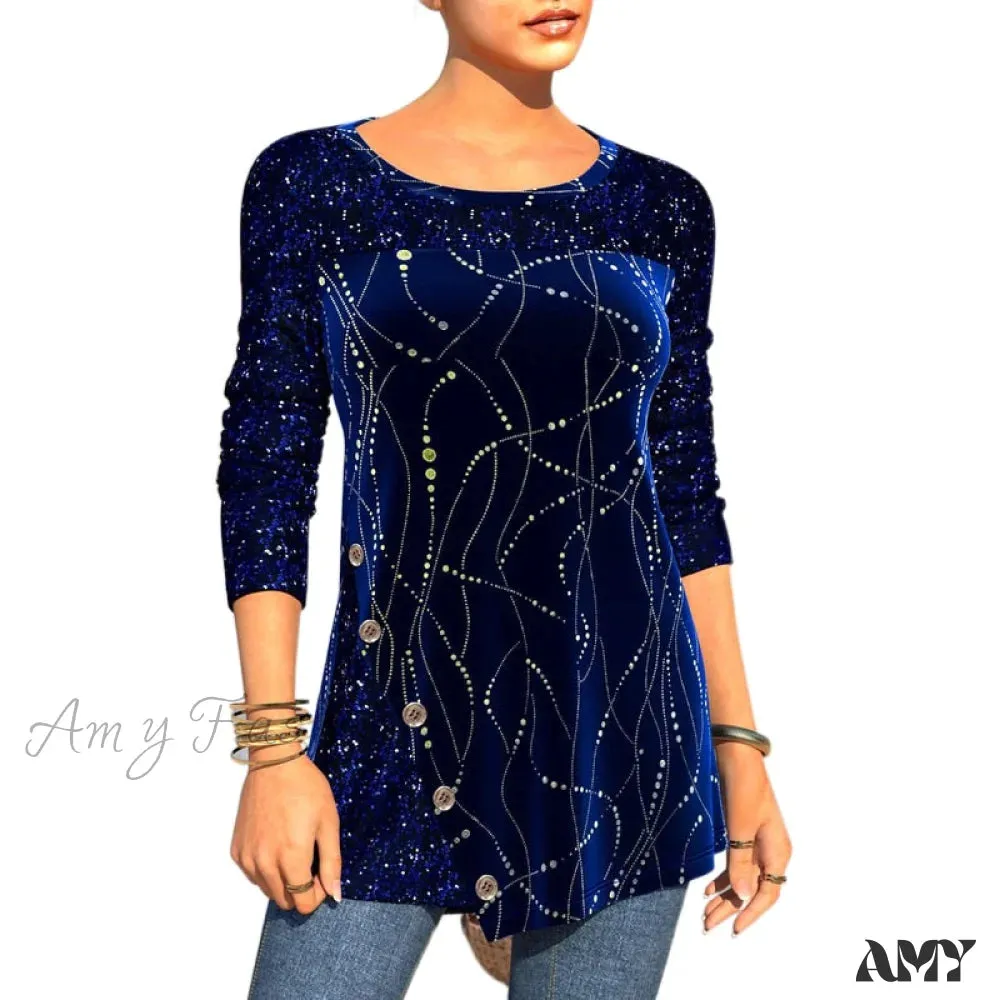 Amy Fashion - Plus Size Graphic Printed Sequins Patchwork Round Neck T Shirt