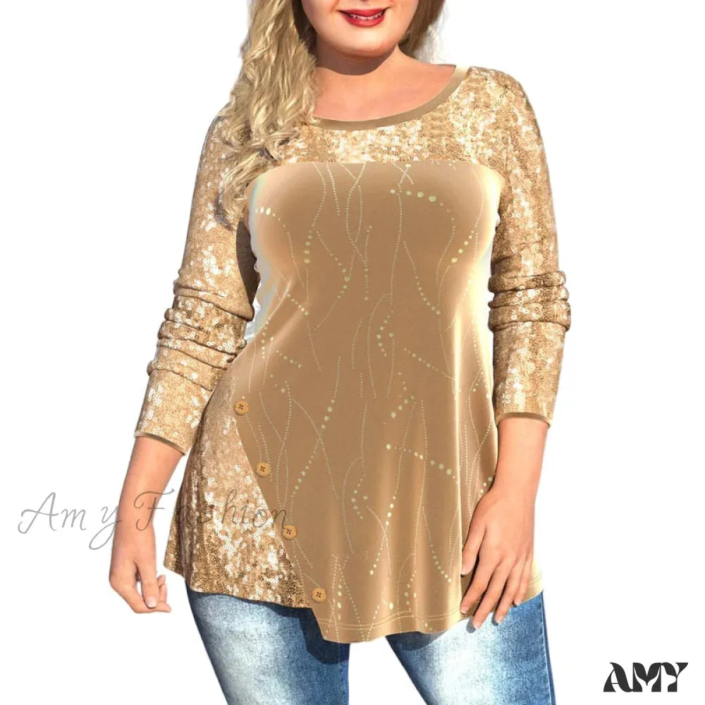 Amy Fashion - Plus Size Graphic Printed Sequins Patchwork Round Neck T Shirt