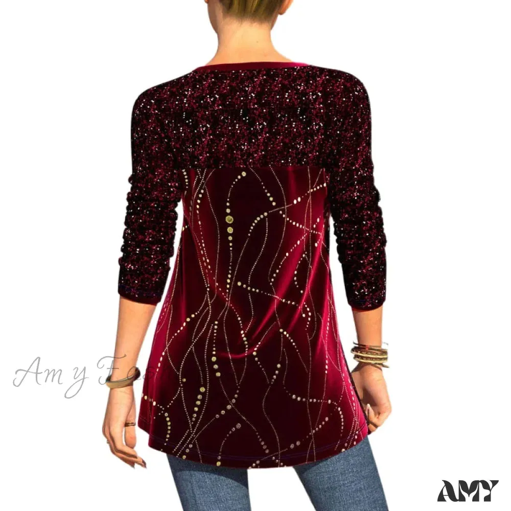 Amy Fashion - Plus Size Graphic Printed Sequins Patchwork Round Neck T Shirt