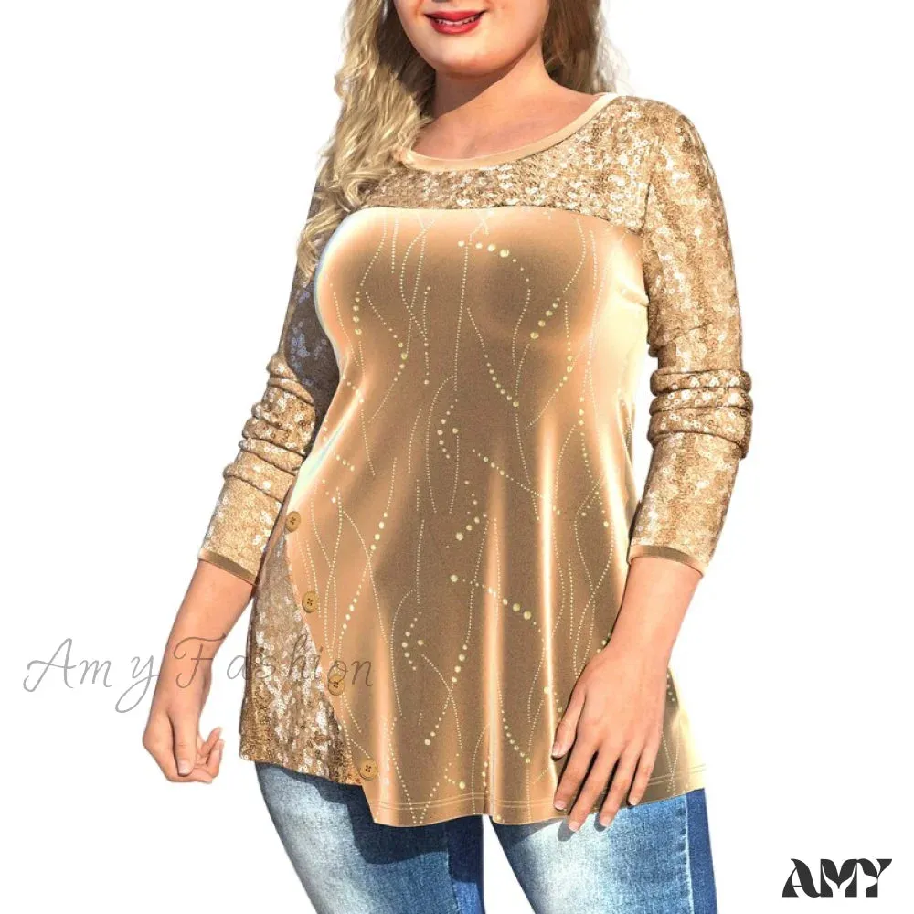 Amy Fashion - Plus Size Graphic Printed Sequins Patchwork Round Neck T Shirt