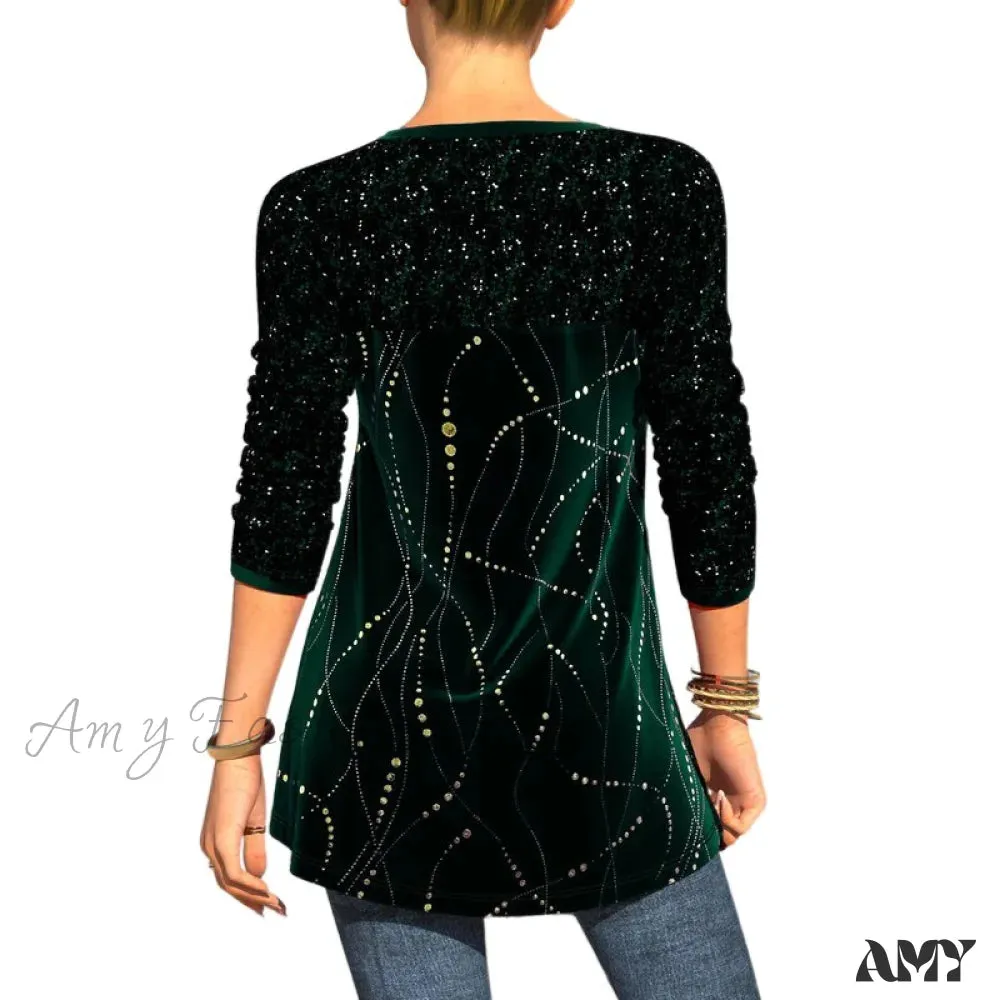 Amy Fashion - Plus Size Graphic Printed Sequins Patchwork Round Neck T Shirt