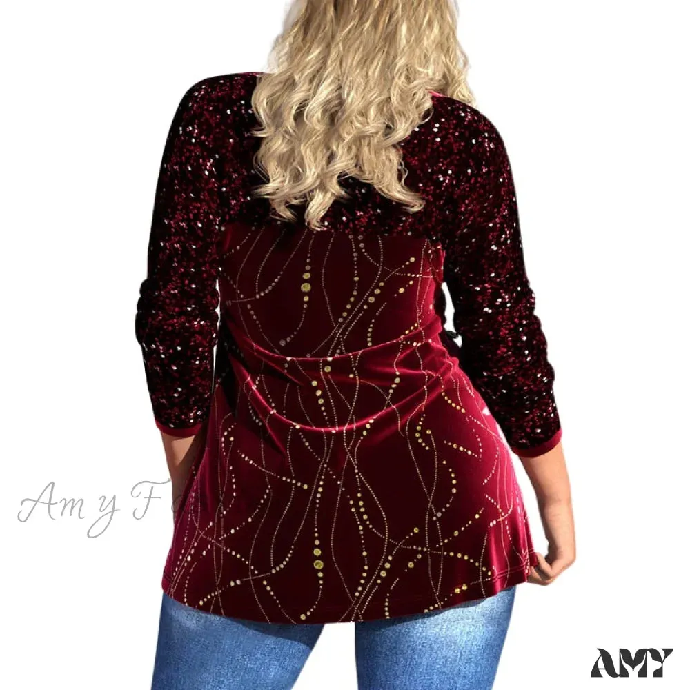 Amy Fashion - Plus Size Graphic Printed Sequins Patchwork Round Neck T Shirt