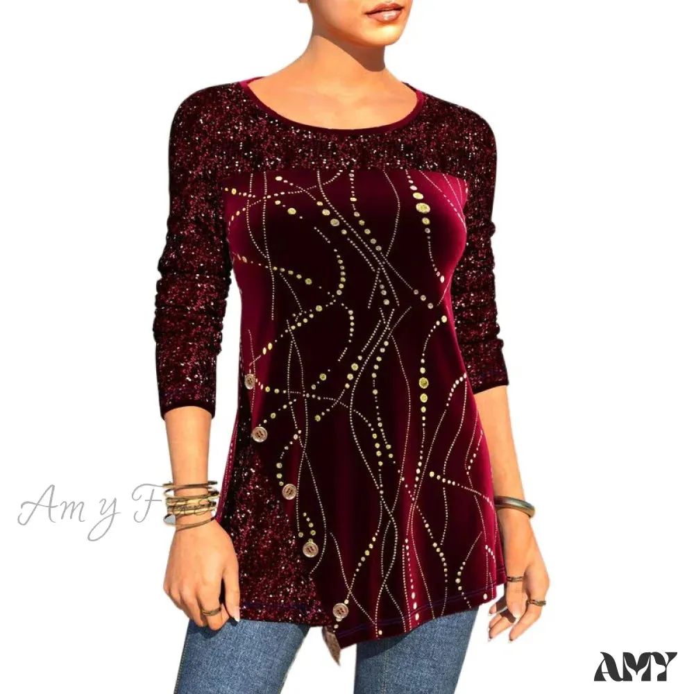 Amy Fashion - Plus Size Graphic Printed Sequins Patchwork Round Neck T Shirt