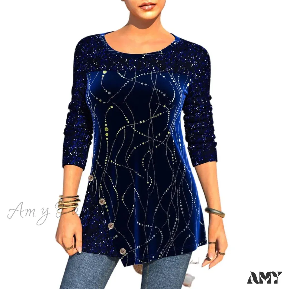 Amy Fashion - Plus Size Graphic Printed Sequins Patchwork Round Neck T Shirt