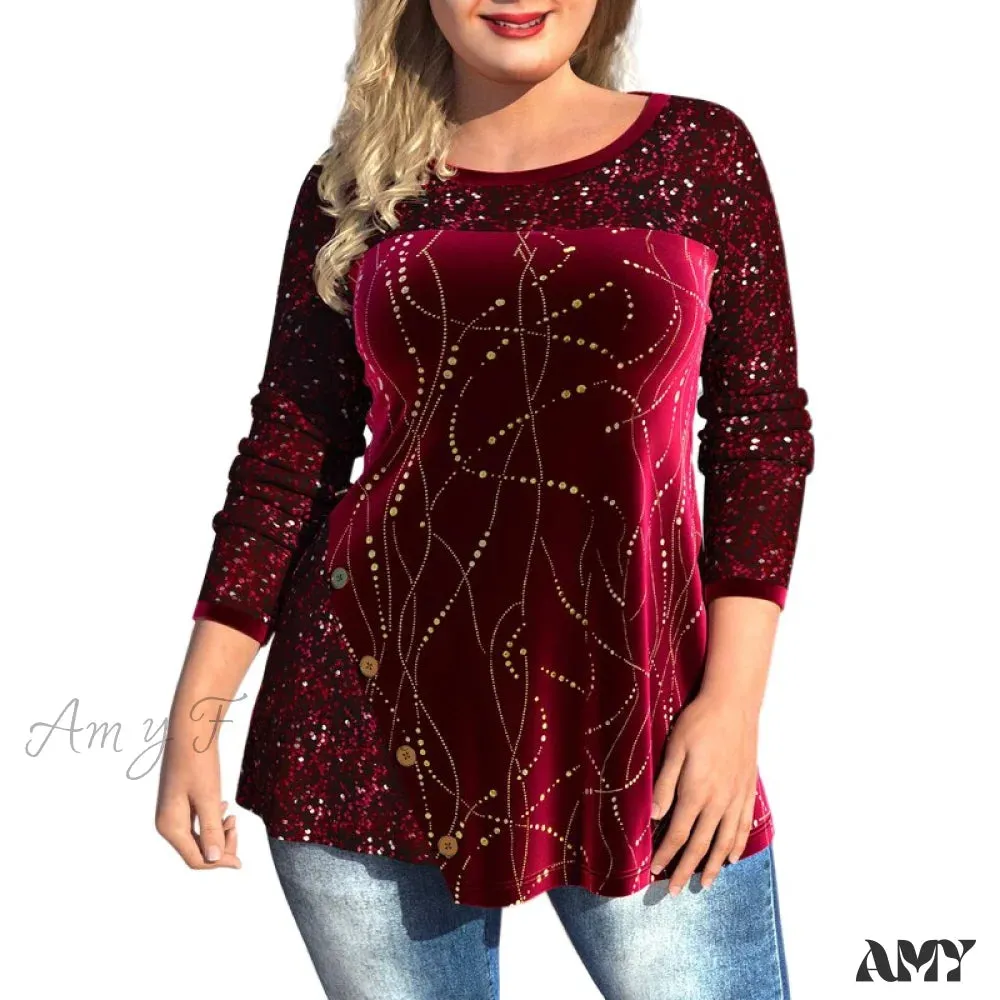 Amy Fashion - Plus Size Graphic Printed Sequins Patchwork Round Neck T Shirt