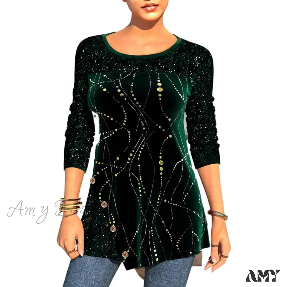 Amy Fashion - Plus Size Graphic Printed Sequins Patchwork Round Neck T Shirt