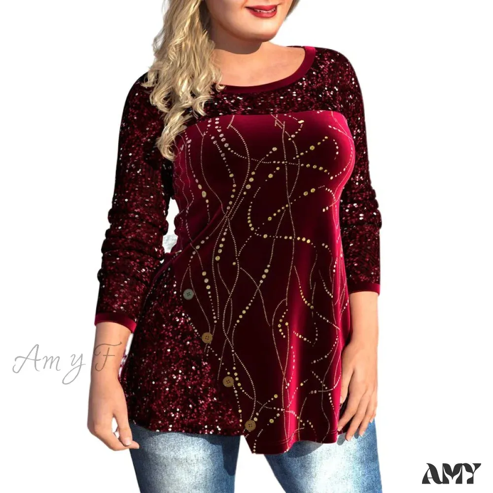 Amy Fashion - Plus Size Graphic Printed Sequins Patchwork Round Neck T Shirt