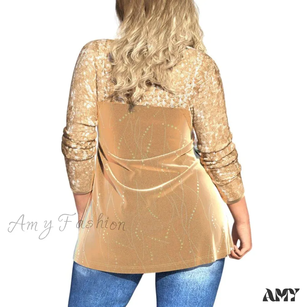 Amy Fashion - Plus Size Graphic Printed Sequins Patchwork Round Neck T Shirt