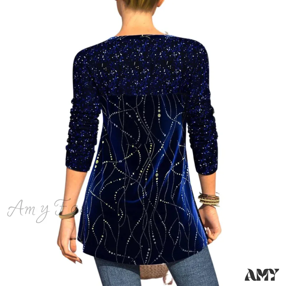 Amy Fashion - Plus Size Graphic Printed Sequins Patchwork Round Neck T Shirt