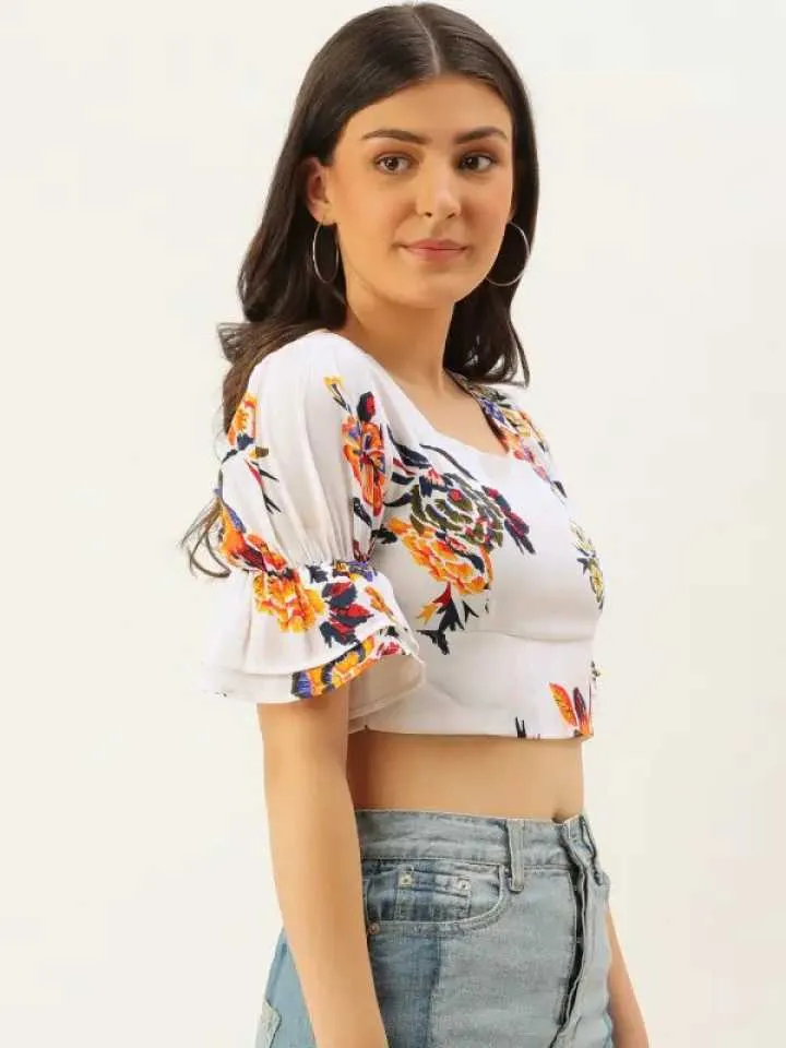 Berrylush Women White Square Neck Floral Print Crop Top