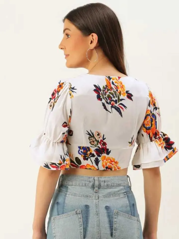 Berrylush Women White Square Neck Floral Print Crop Top