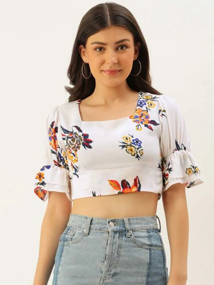 Berrylush Women White Square Neck Floral Print Crop Top