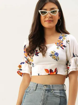 Berrylush Women White Square Neck Floral Print Crop Top