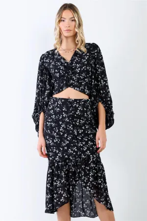 Black & White Floral Twist Detail Puff Balloon Midi Sleeve Top & Button Up Ruffle Hem High-Low Midi Skirt Set /1-2-1-1