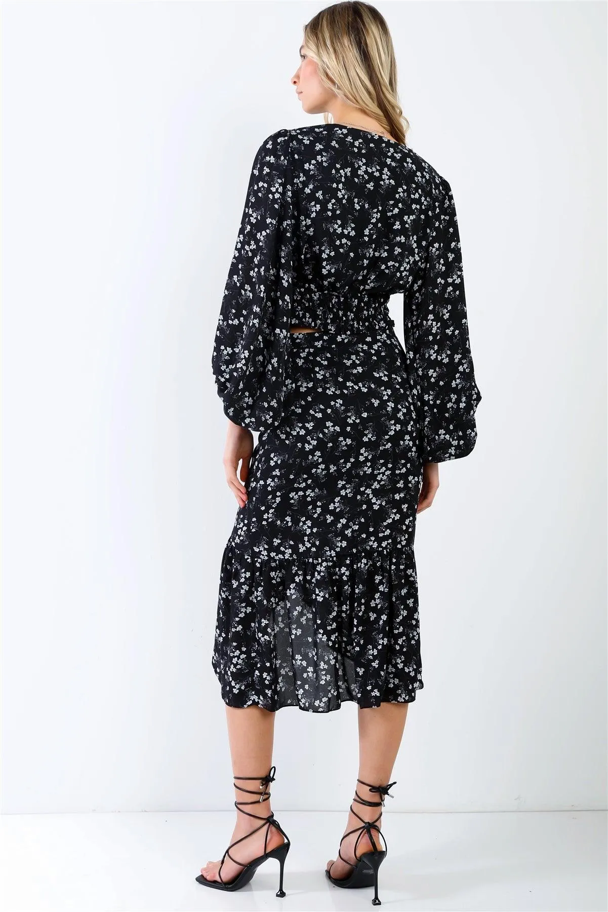 Black & White Floral Twist Detail Puff Balloon Midi Sleeve Top & Button Up Ruffle Hem High-Low Midi Skirt Set /1-2-1-1