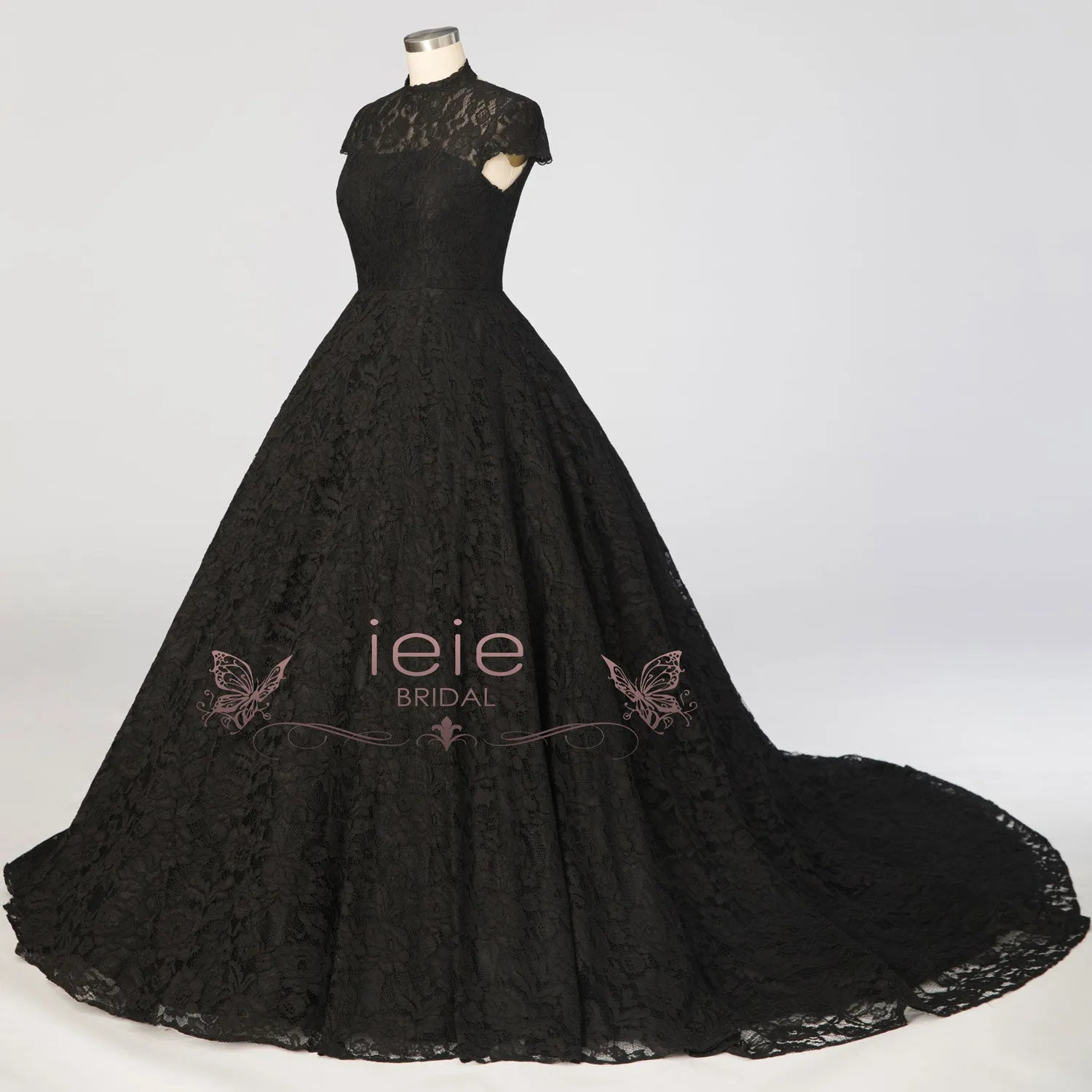 Black Ball Gown Lace Wedding Dress with Short Sleeves ADDISON