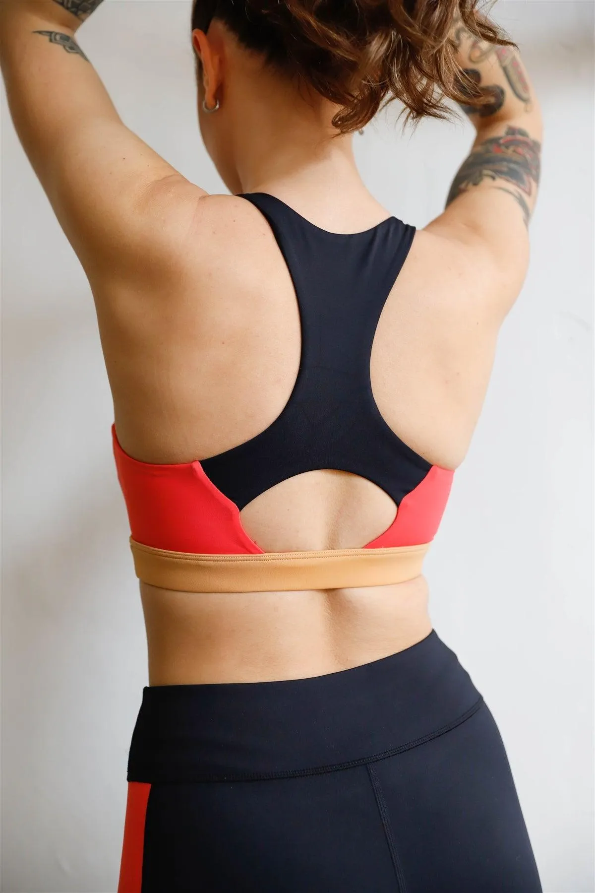 Black Multi Color Block Racerback Strap Classic Silhouette Sports Bra Activewear Top / XS-M/3-1