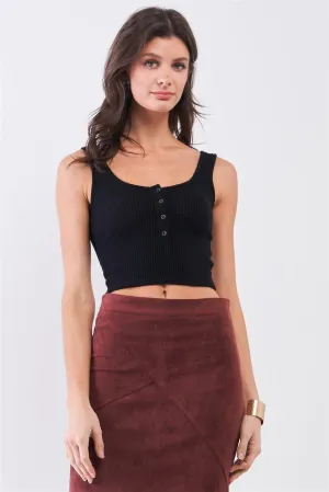 Black Rib Round Neck Sleeveless Front Snap Button Down Crop Tank Top /2-2-1