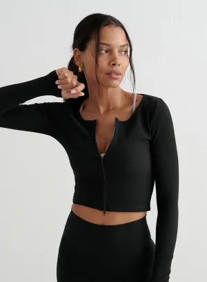 Black Ribbed Performance Zipped Cardigan