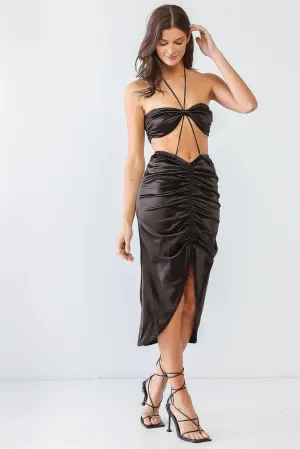 Black Satin Bow Crop Top & High Waist Ruched Midi Skirt With Criss-Cross Strap Set /3-2-1