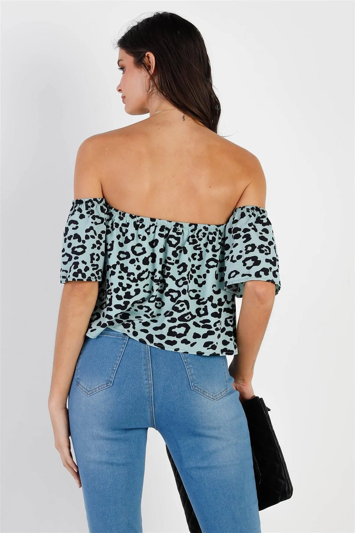 Blue & Black Leopard Print Off-The-Shoulder Crop Top /2-2-2