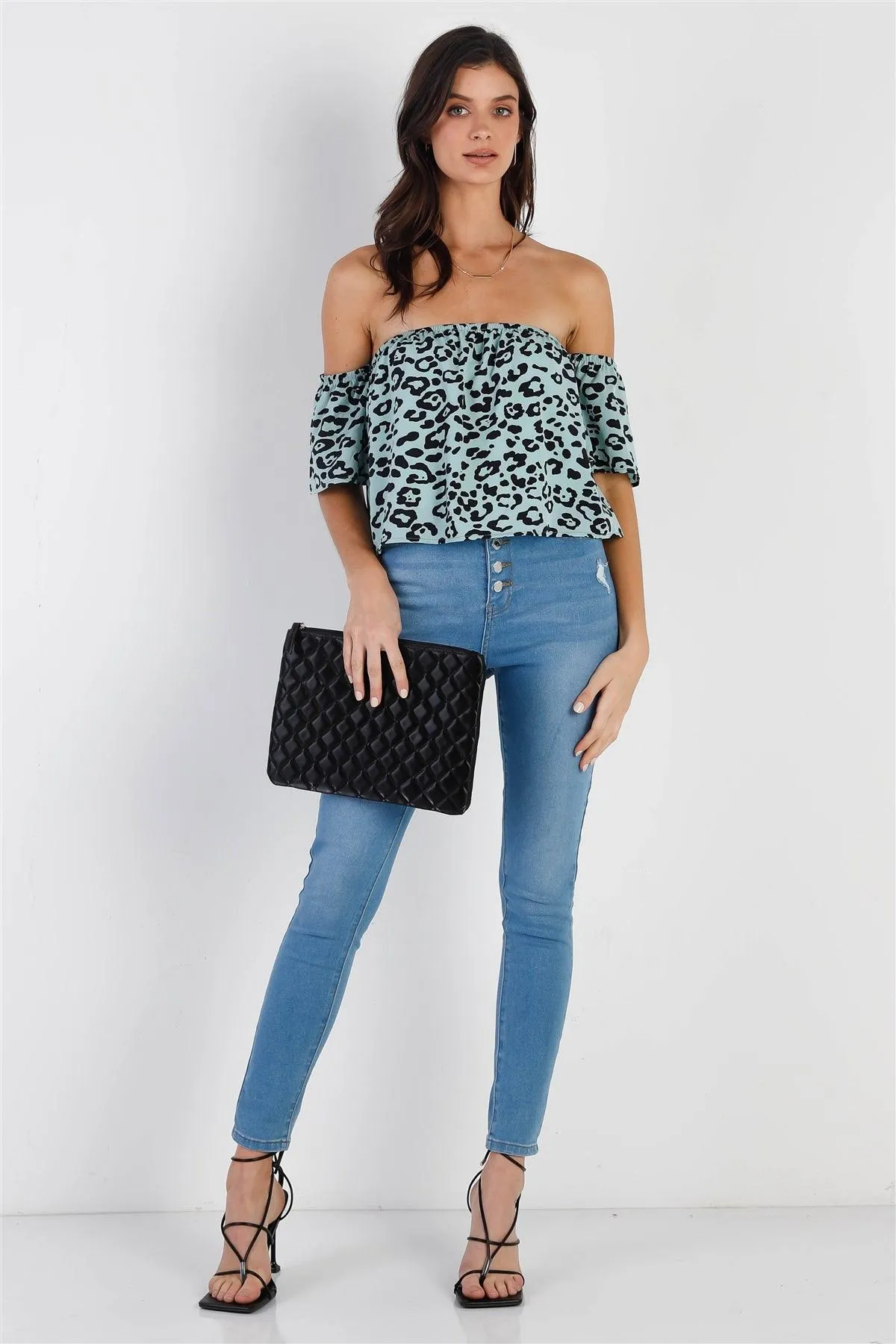 Blue & Black Leopard Print Off-The-Shoulder Crop Top /2-2-2