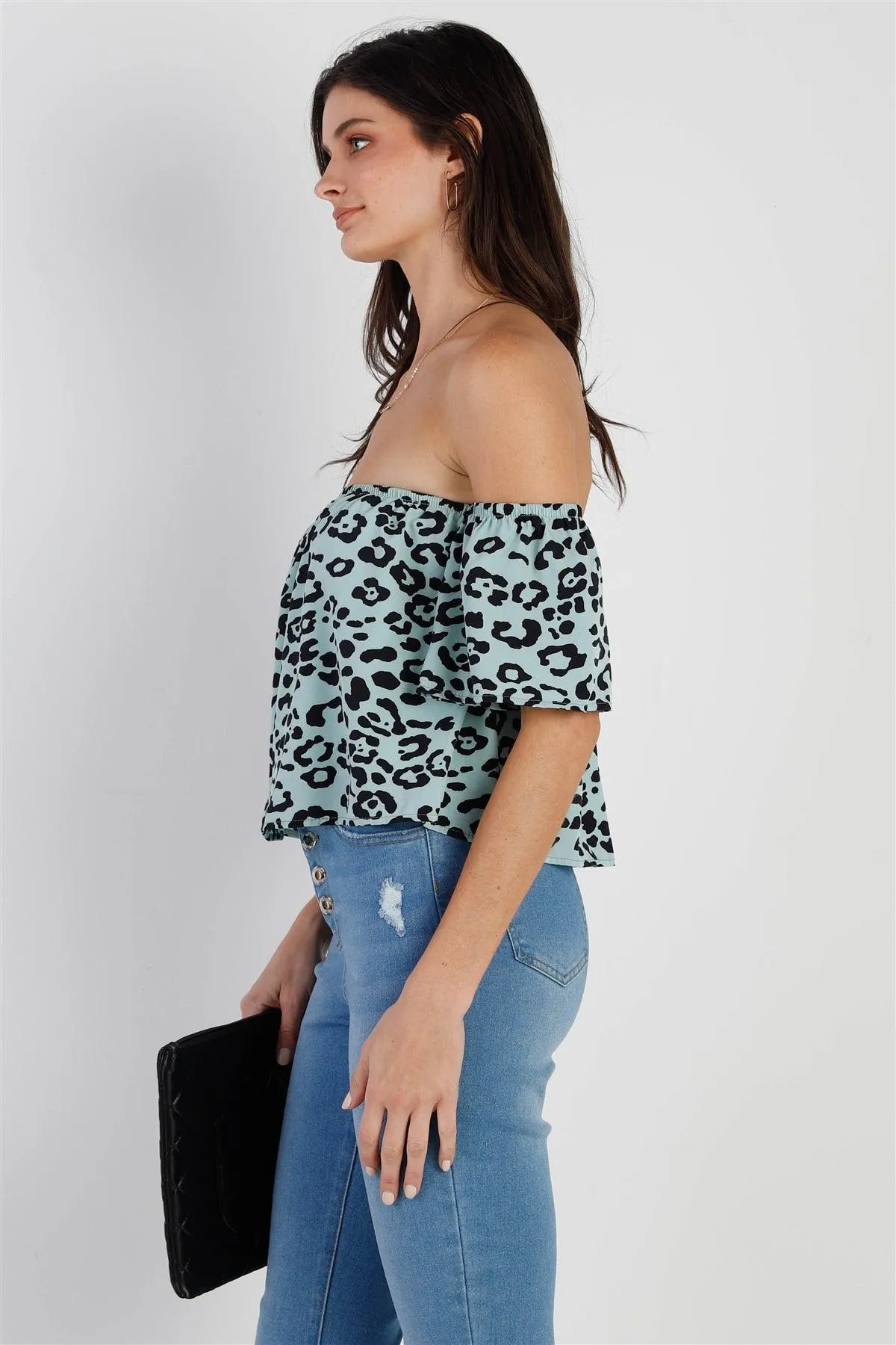 Blue & Black Leopard Print Off-The-Shoulder Crop Top /2-2-2