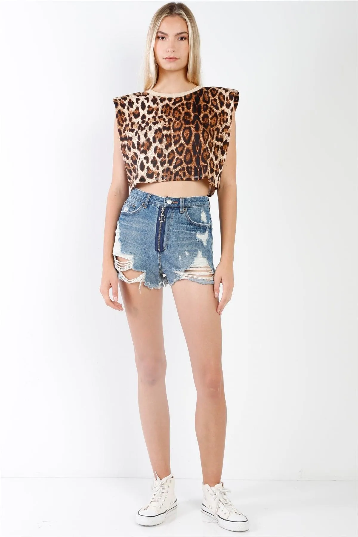 Brown Leopard Print Padded Shoulder Cropped Muscle Tank Top /2-2-2