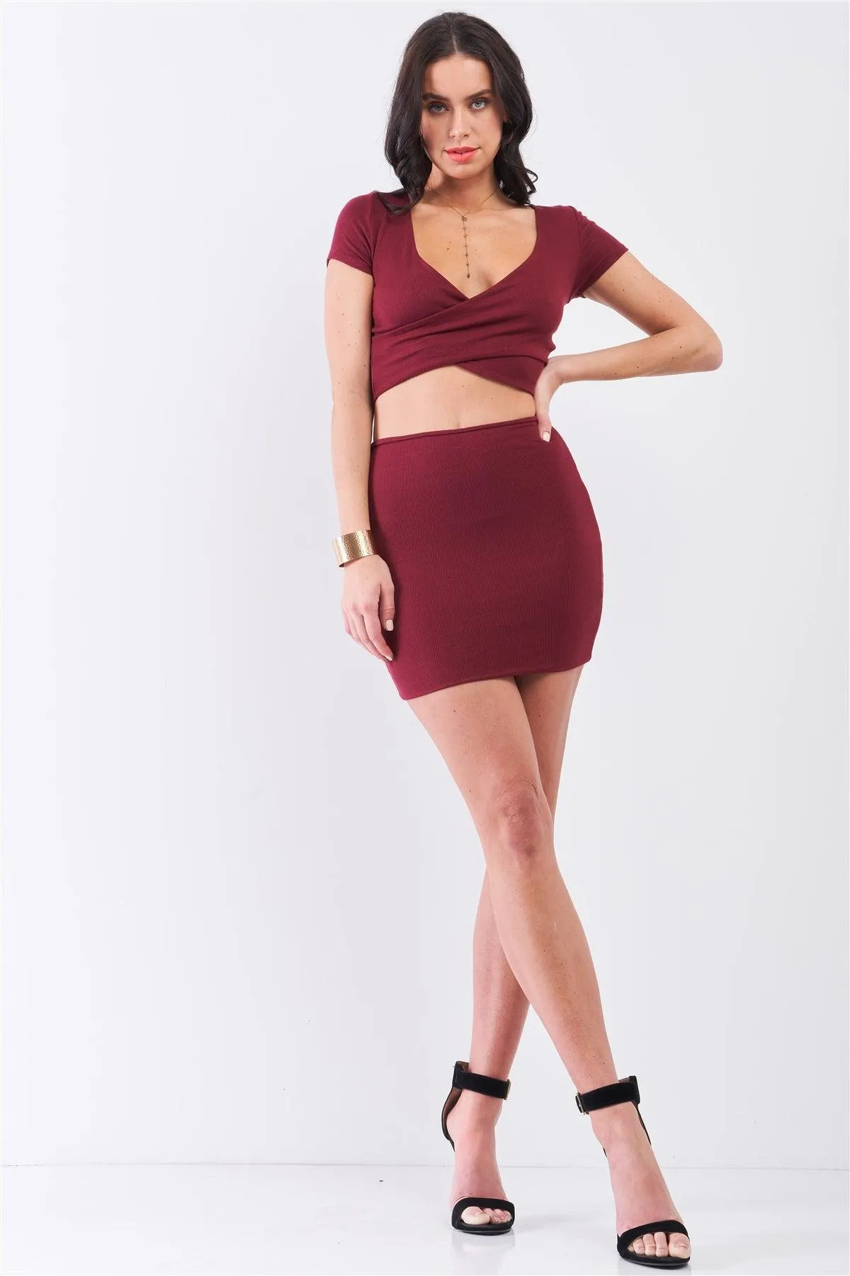 Burgundy Rib Short Sleeve Plunge Neck Wrap Crop Top & High Waisted Fitted Mini Skirt Set /2-2-2