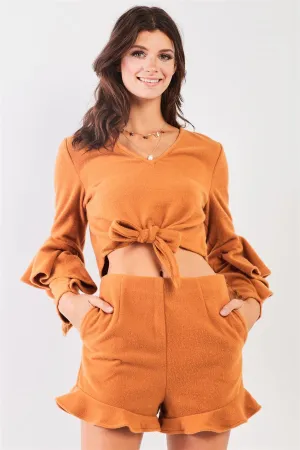 Camel Fuzzy Long Ruffle Sleeve V-Neck Self-Tie Front Detail Cropped Top & High-Waisted Ruffle Shorts Two Piece Set /2-2-2