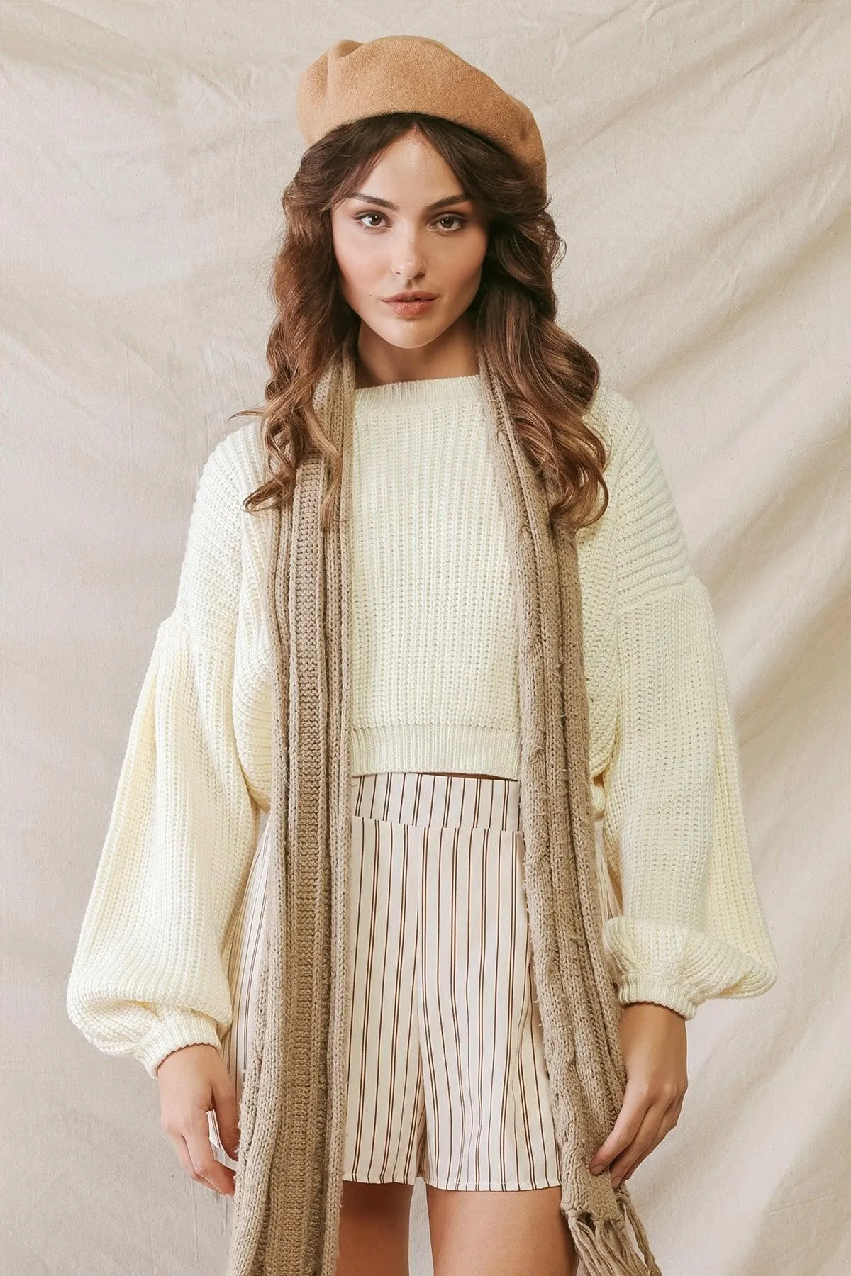 Cream Knit Crew Neck Long Sleeve Crop Sweater /3-2-1