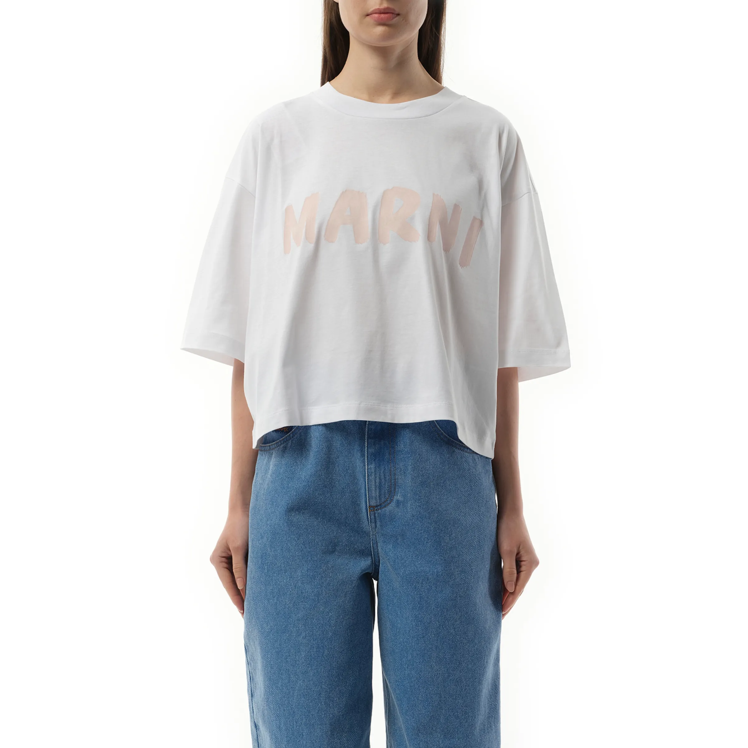 Cropped Logo T-Shirt in Lily White/Pink