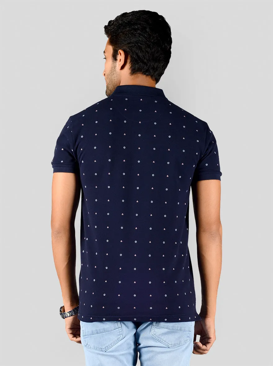 Deep Blue Printed Slim Fit Polo T-shirt | Greenfibre