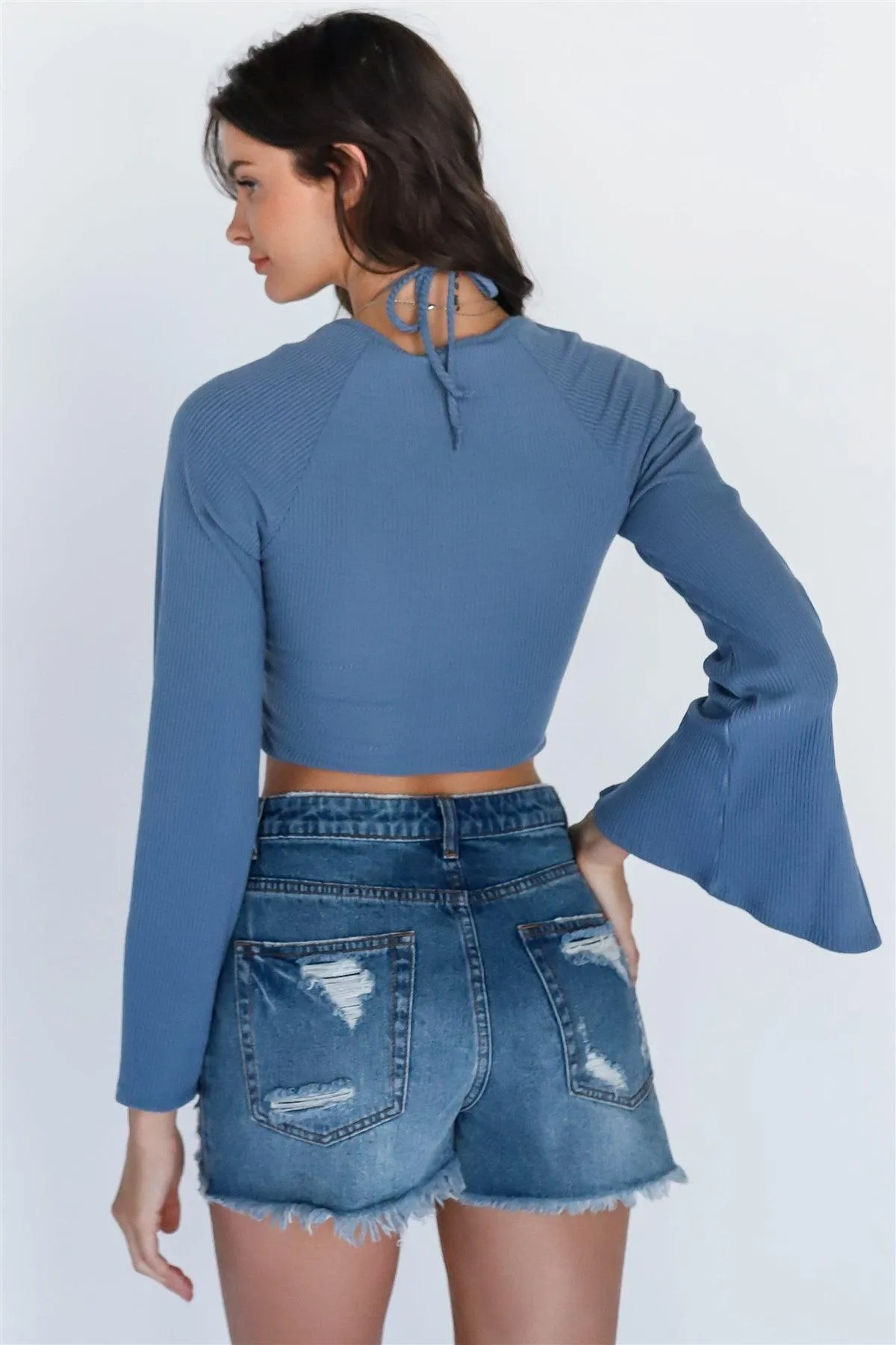 Denim Ribbed Ruched Long Sleeve Crop Top /3-2-1