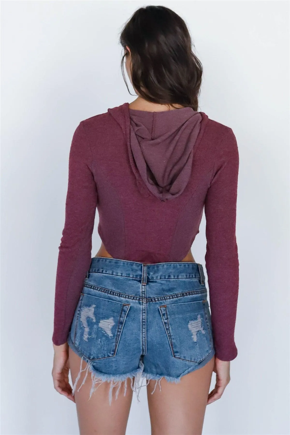 Eggplant Flannel Zip-Up Hooded Crop Top /3-2-1