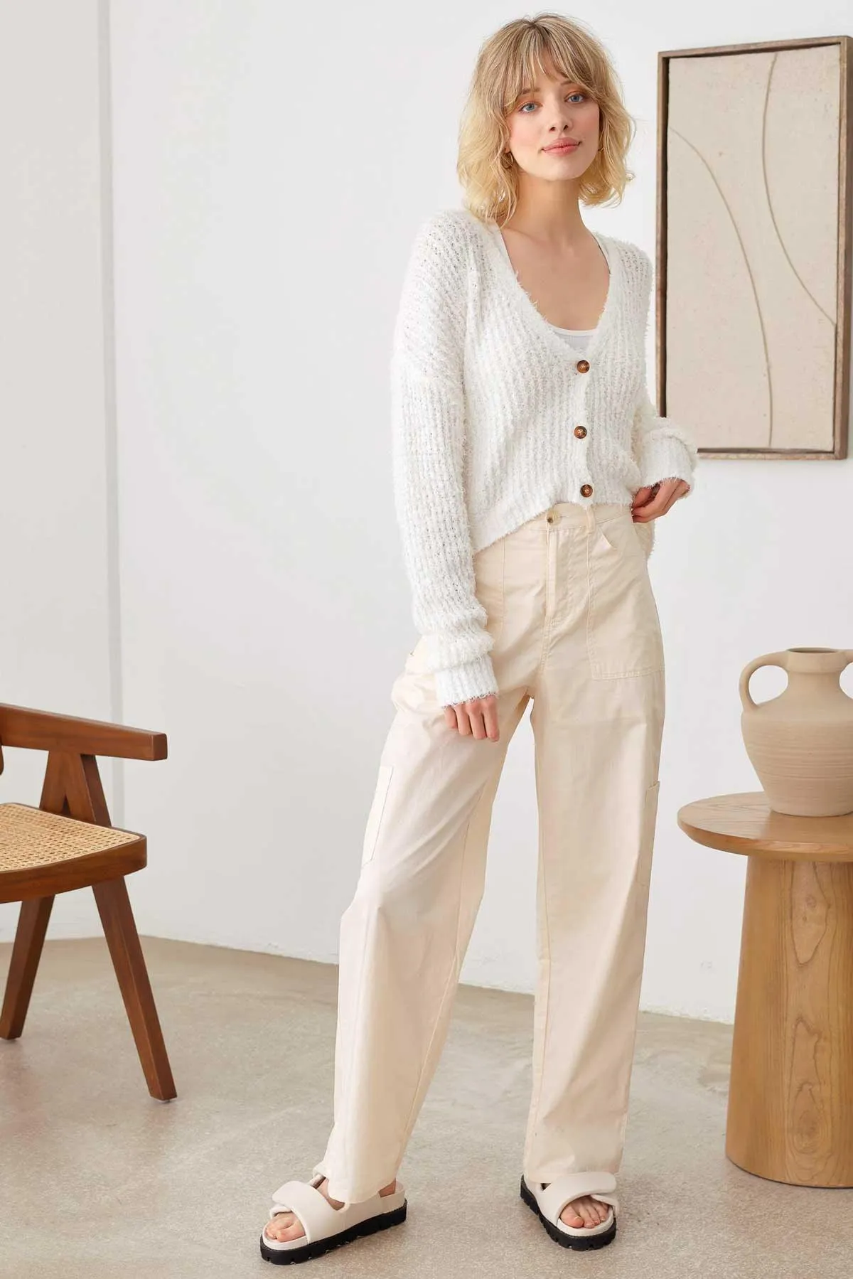 Fuzzy Button Up Long Sleeve Crop Cardigan Top