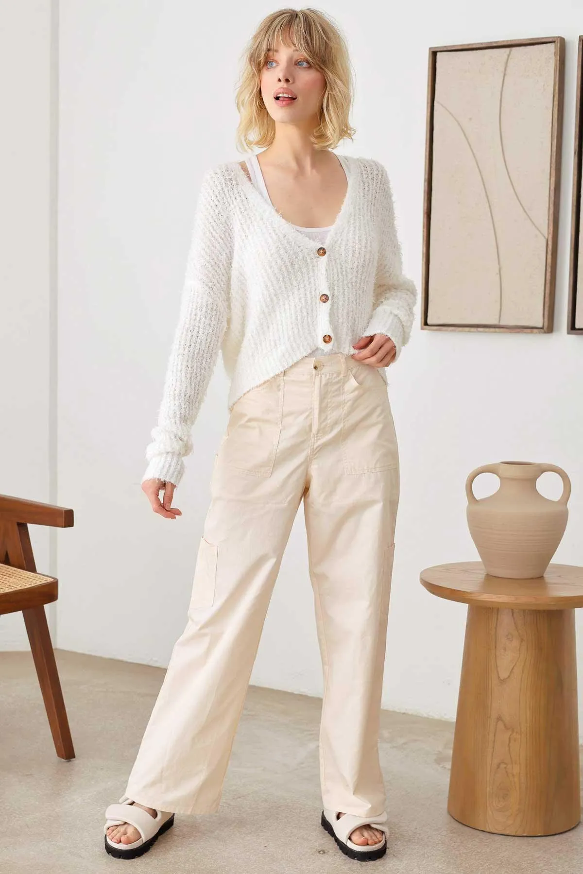 Fuzzy Button Up Long Sleeve Crop Cardigan Top