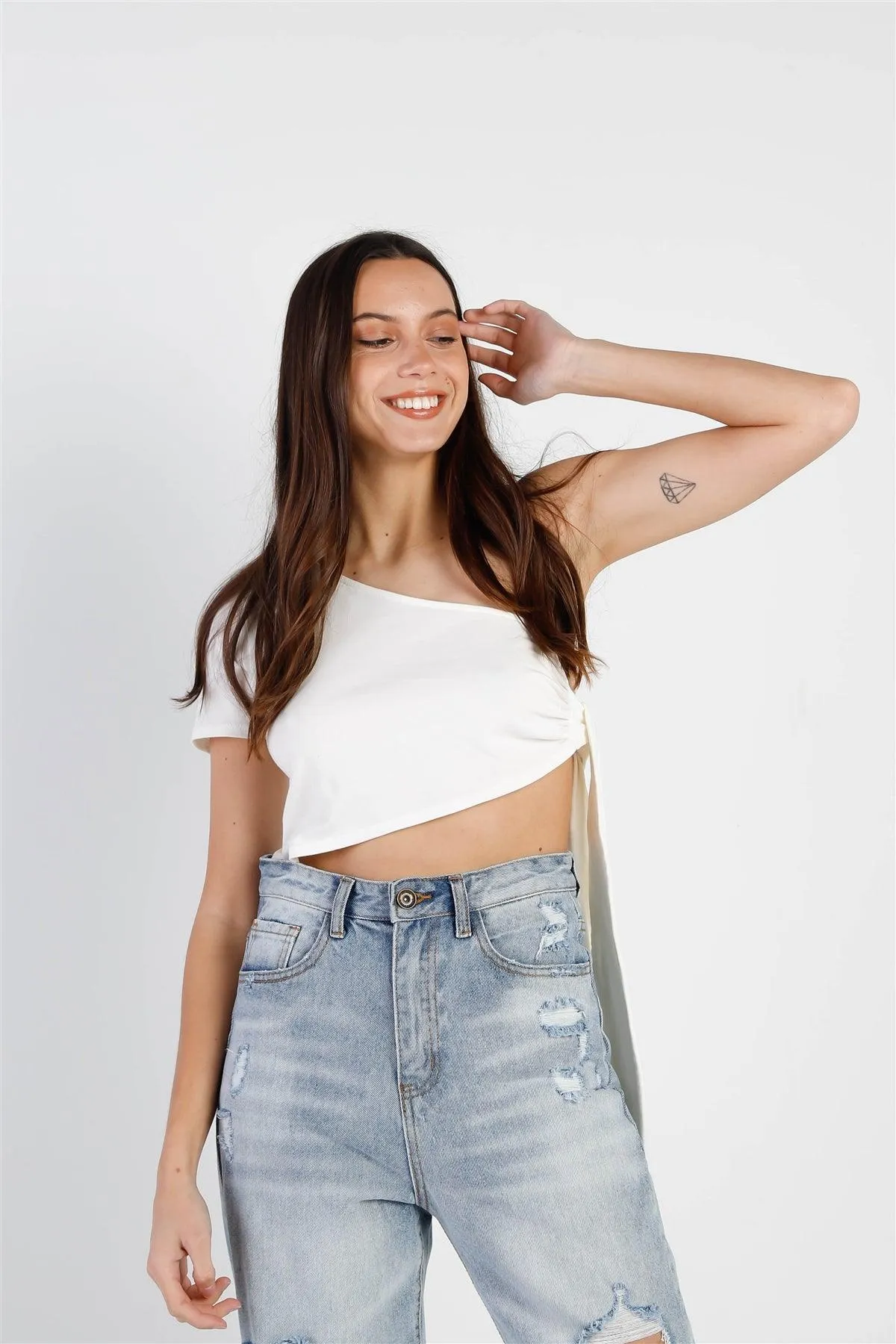 Ivory Cotton One Shoulder Side Self-Tie Crop Top /3-2-1