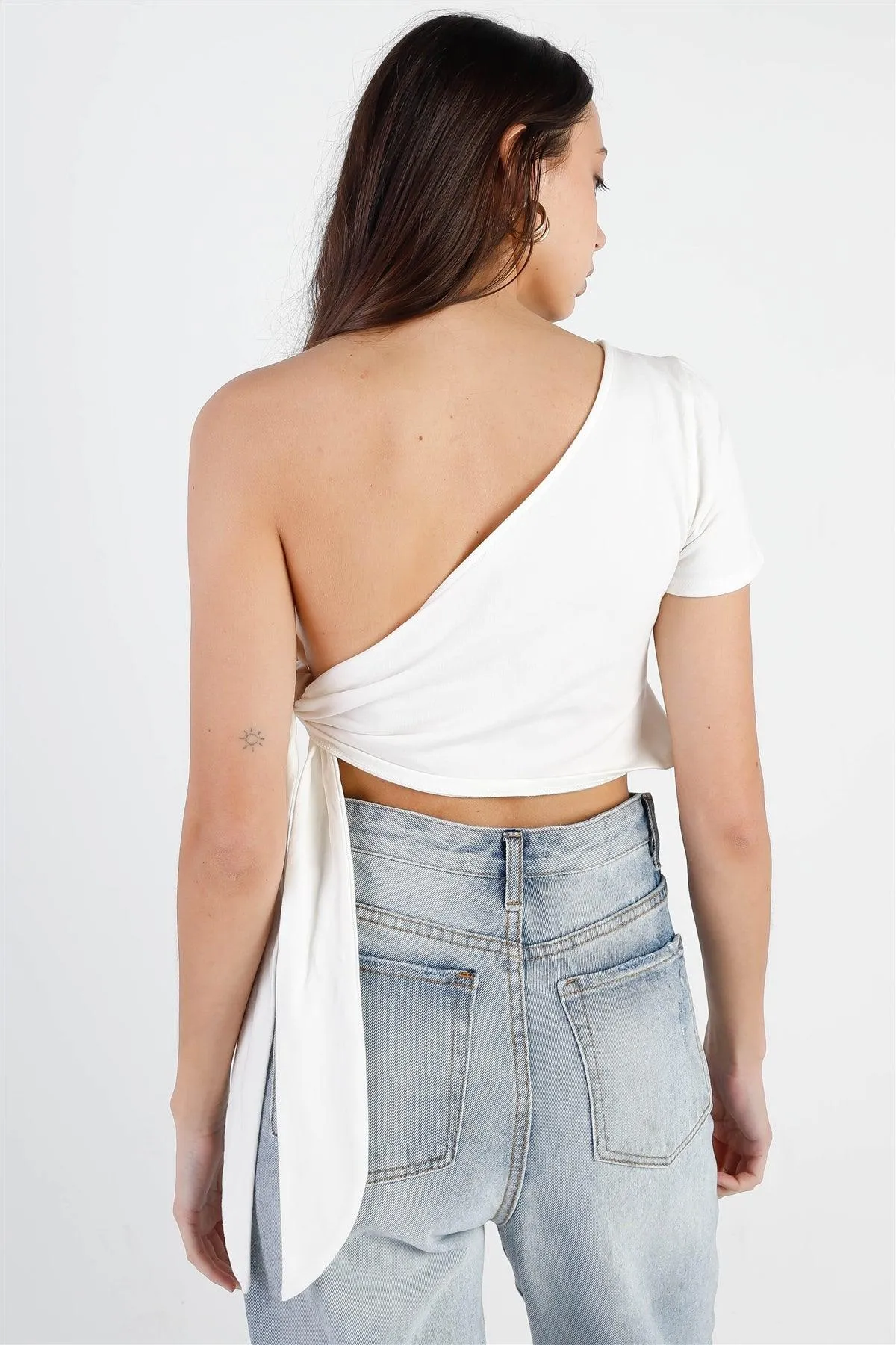 Ivory Cotton One Shoulder Side Self-Tie Crop Top /3-2-1