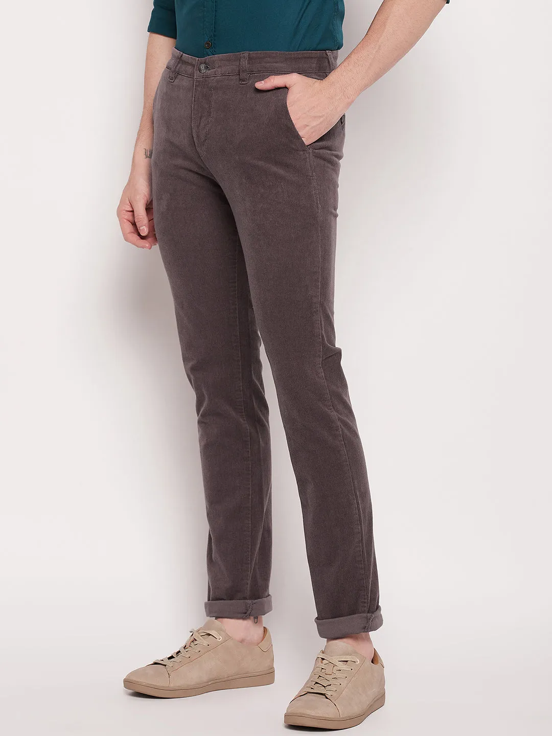 Men's Casual Flat front Grey Corduroy Trousers