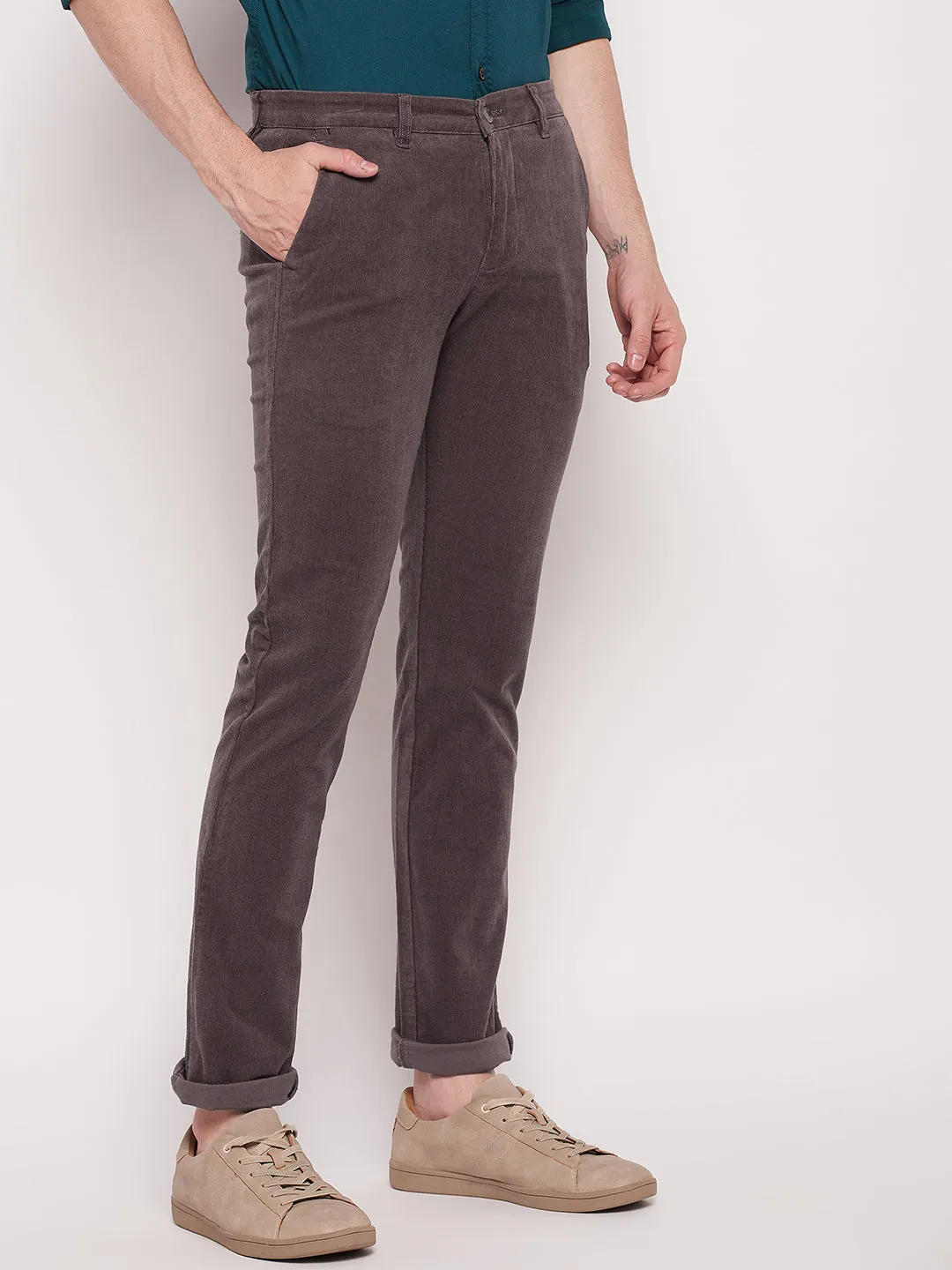 Men's Casual Flat front Grey Corduroy Trousers