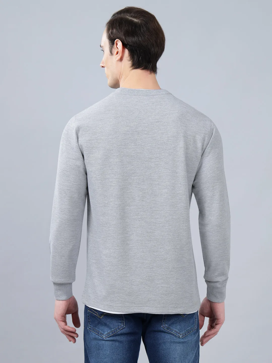 Men's Grey Self Design Full Sleeves T-shirt For Winter