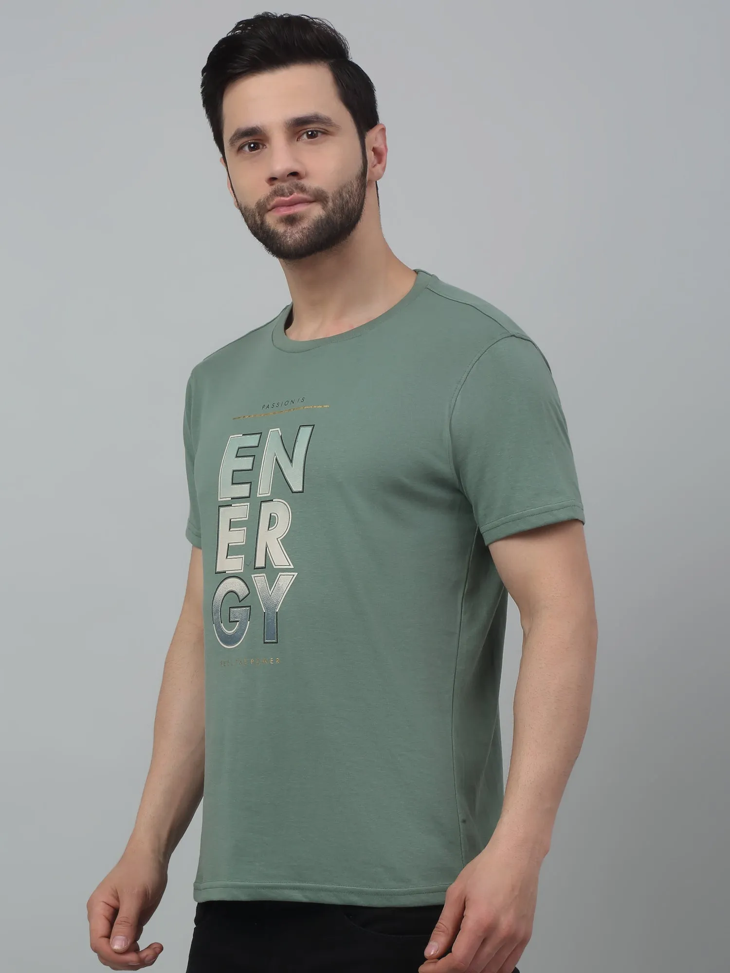 Men's Light Green Round neck Half Sleeve T-Shirt with Typographic print