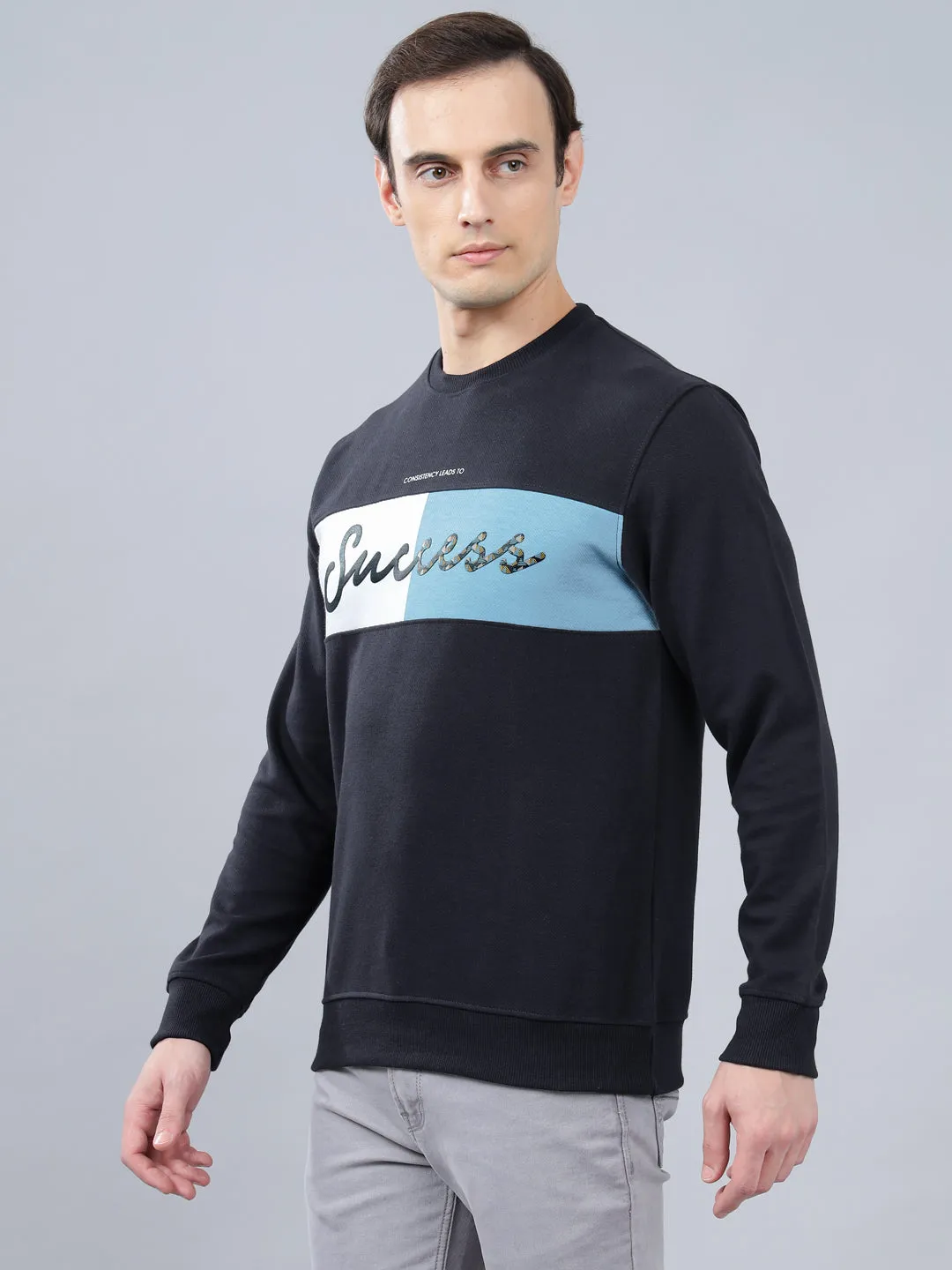 Men's Navy Blue Printed Full Sleeves T-shirt For Winter