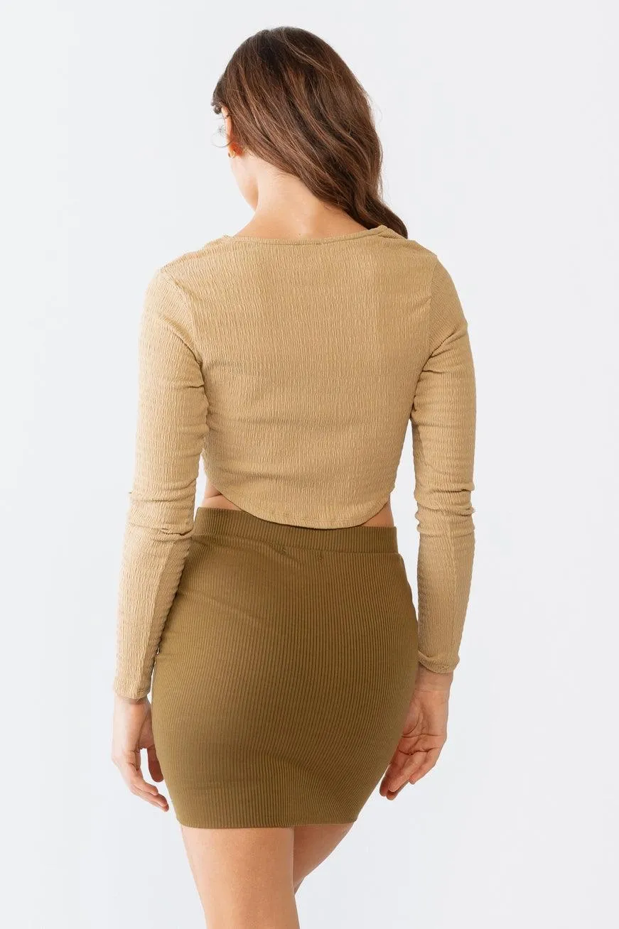 Olive Textured Curved Hem Long Sleeve Crop Top /2-2-1