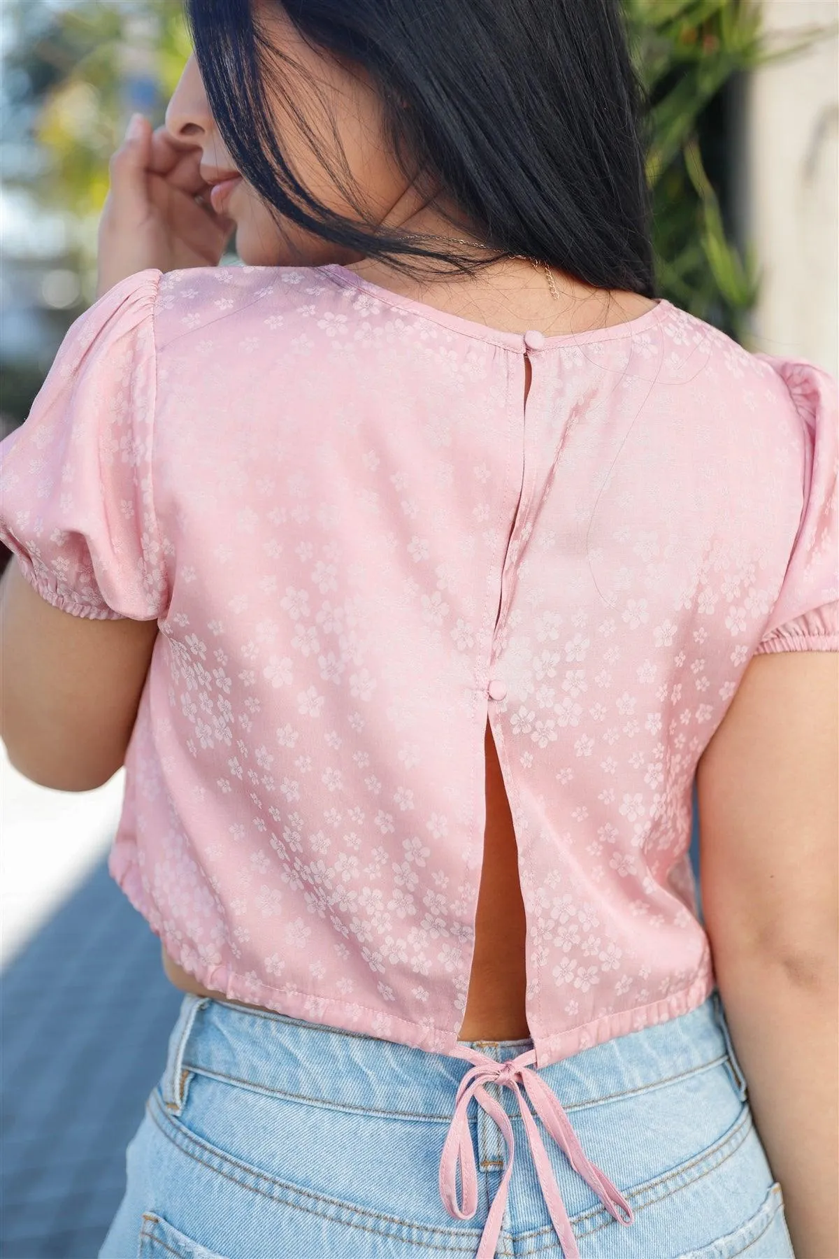 Pink Satin Effect Floral Print Cut-Out Back Detail Self-Tie Hem Crop Top /3-2-1