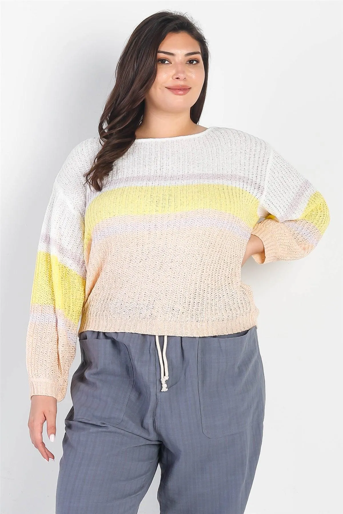 Plus Size Striped Long Sleeve Lightweight Knit Sweater /3-2-1