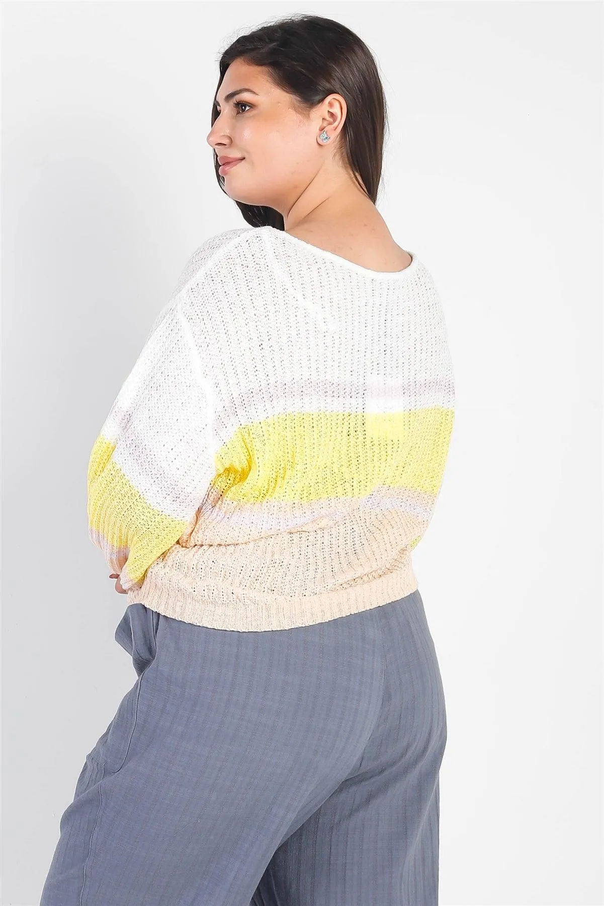 Plus Size Striped Long Sleeve Lightweight Knit Sweater /3-2-1