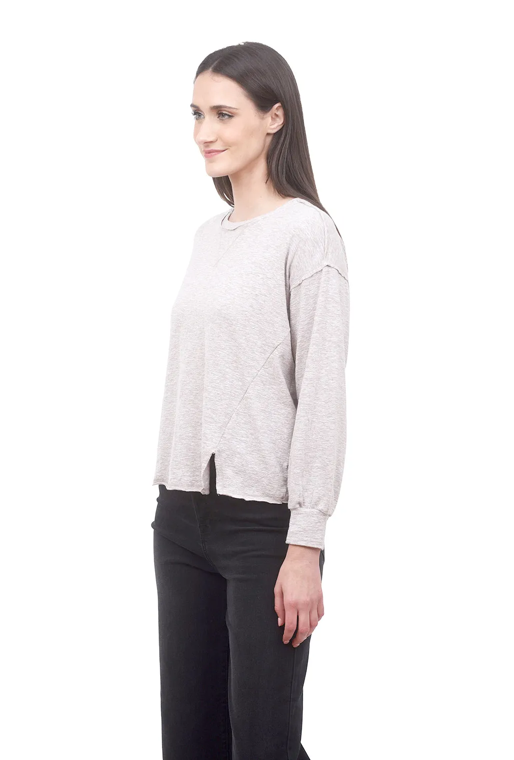 Puffed-Sleeve Sweatshirt Tee, Gray